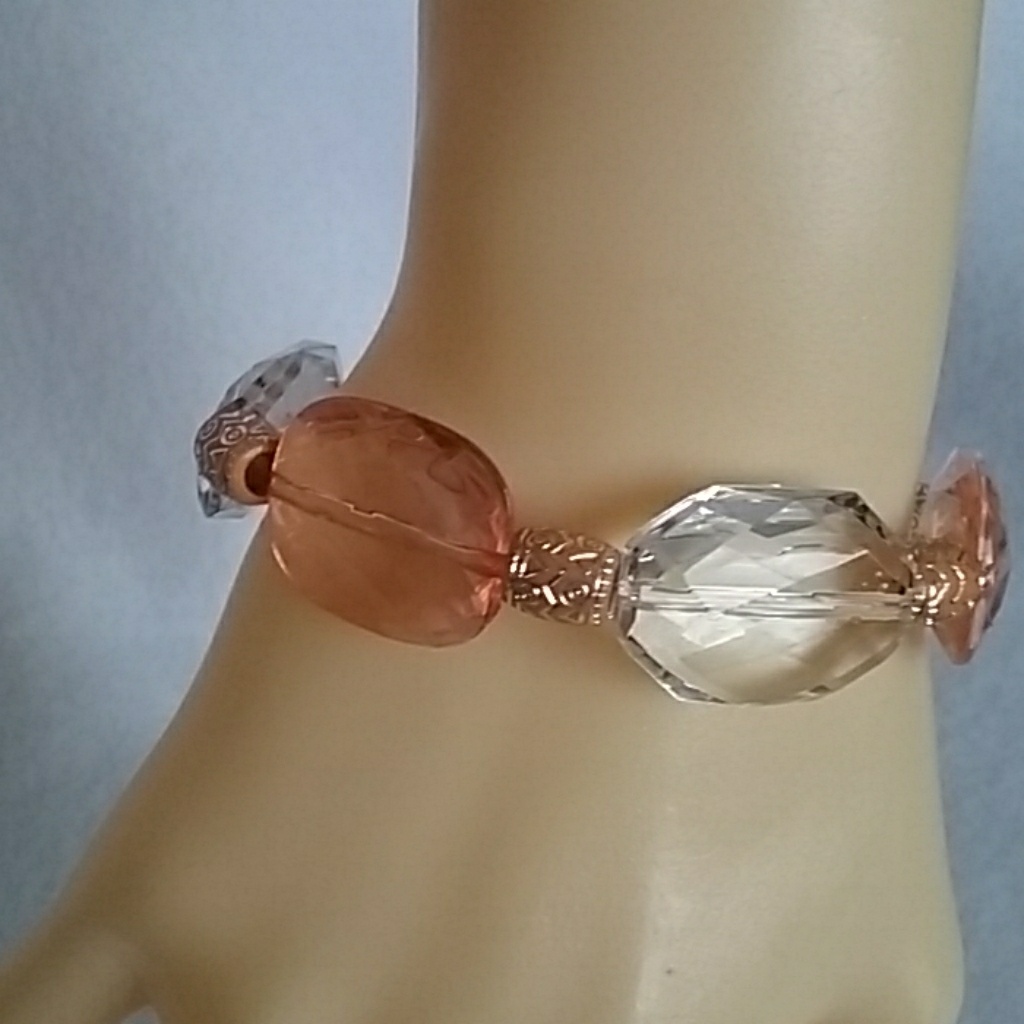 Peach And Clear Acrylic Beaded Stretch Bracelet 15$